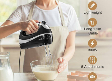 VonShef 300W Electric Hand Mixer, with Turbo Boost, Eject Button– Black