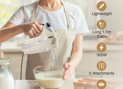 VonShef 300W Electric Hand Mixer, with Turbo Boost, Eject Button – Cream