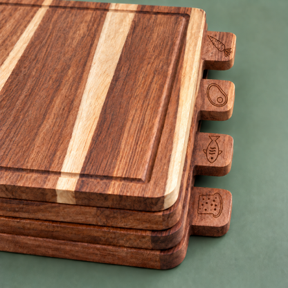 Acacia Wood Chopping Board Set of 4 with Storage Stand & Food Tabs