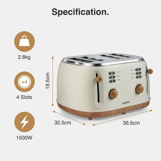 VonShef Fika 4-Slice Toaster – Cream & Wood Effect, Wide Slots, 1500W