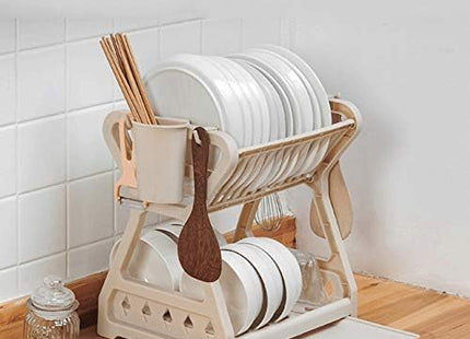 2-Tier Multifunctional Plastic Dish Drain Rack with Removable Drip – Beige