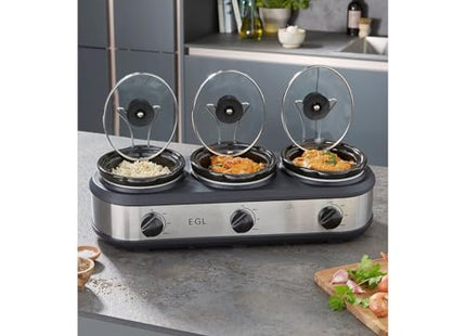 EGL Triple Slow Cooker with 3 Removable Pots – Silver, 3 × 1.5L