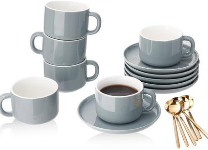 CHILDIKE Porcelain Coffee Cup & Saucer Set with Gold Spoons – Grey