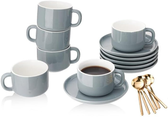 CHILDIKE Porcelain Coffee Cup & Saucer Set with Gold Spoons – Grey