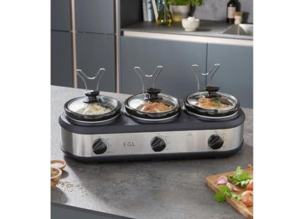 EGL Triple Slow Cooker with 3 Removable Pots – Silver, 3 × 1.5L