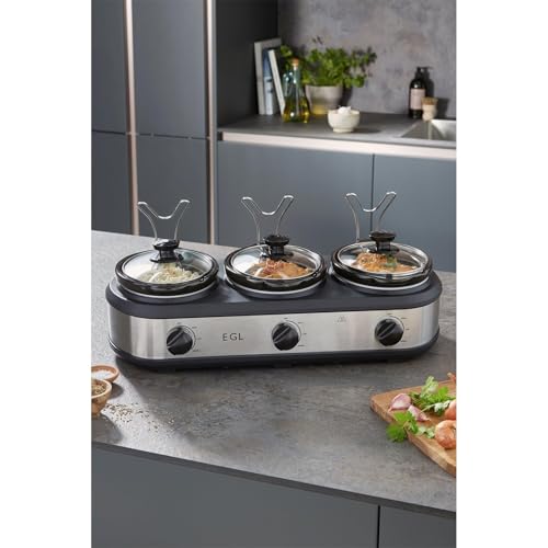 EGL Triple Slow Cooker with 3 Removable Pots – Silver, 3 × 1.5L