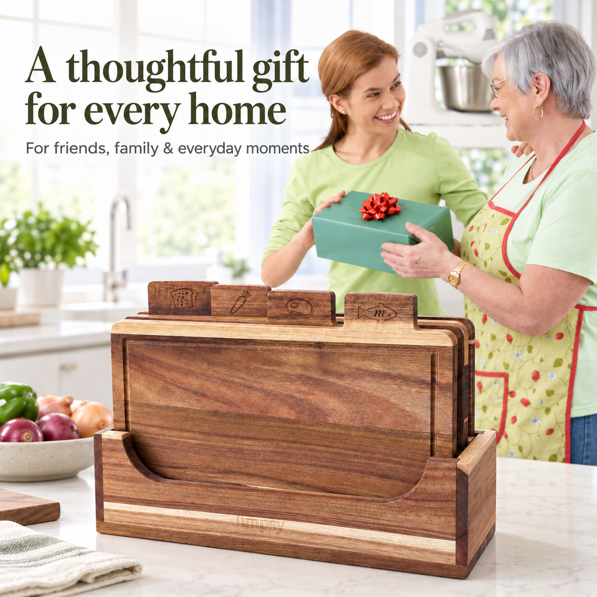 Acacia Wood Chopping Board Set of 4 with Storage Stand & Food Tabs