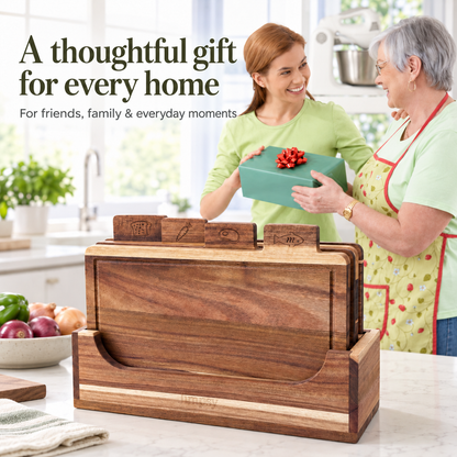 Acacia Wood Chopping Board Set of 4 with Storage Stand & Food Tabs