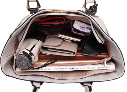 Miss Lulu Leather Look V-Shape Shoulder Handbag – Grey with Gold Accents