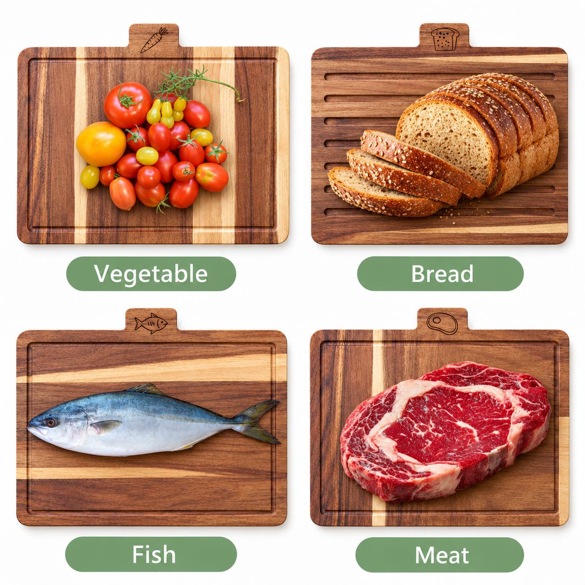 Acacia Wood Chopping Board Set of 4 with Storage Stand & Food Tabs