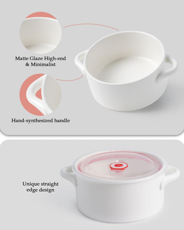 NUTRIUPS Microwavable Ceramic Bowls with Handles & Lids – Set of 2