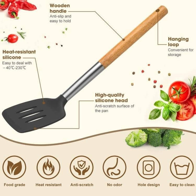 LVEON 33-Piece Silicone Kitchen Utensils Set – Wooden Handles – Black