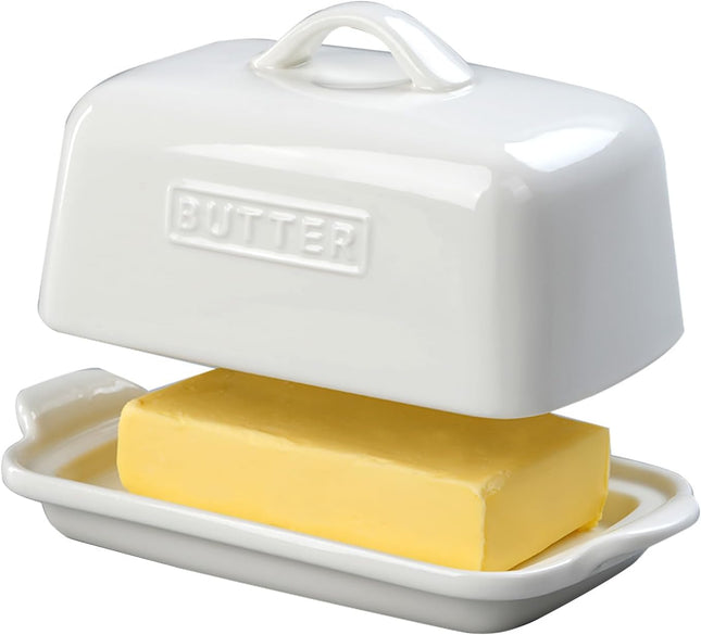 JSHKY Large Porcelain Ceramic Butter Dish for 500g British Butter – White