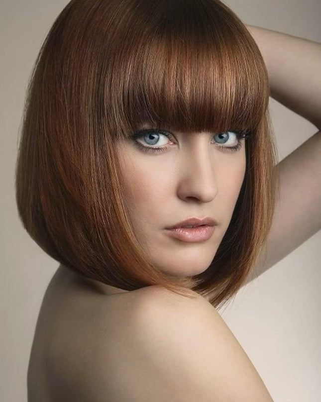 YEESHEDO Women’s Short Synthetic Bob Wig with Flat Bangs – 12" Brown