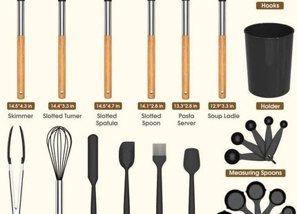 LVEON 33-Piece Silicone Kitchen Utensils Set – Wooden Handles – Black