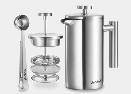 Vonshef 6 Cup Stainless Steel Cafetiere with Coffee Spoon – 800ml