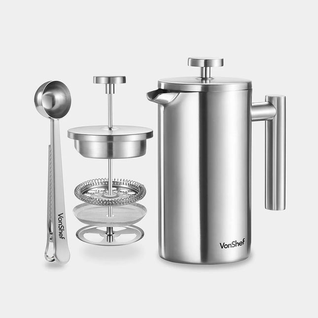 Vonshef 6 Cup Stainless Steel Cafetiere with Coffee Spoon – 800ml