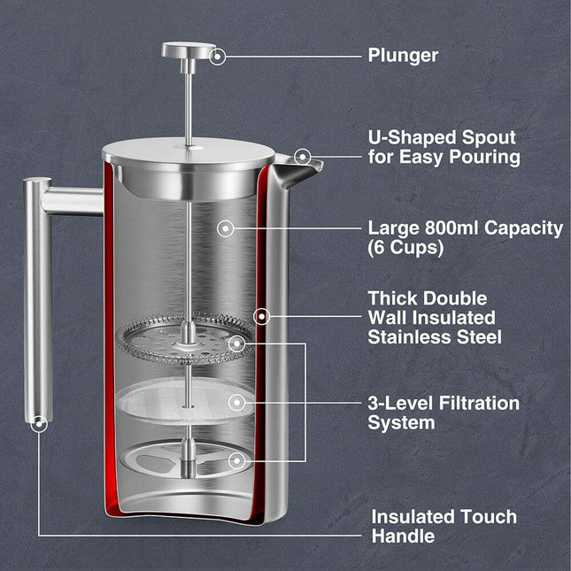 Vonshef 6 Cup Stainless Steel Cafetiere with Coffee Spoon – 800ml