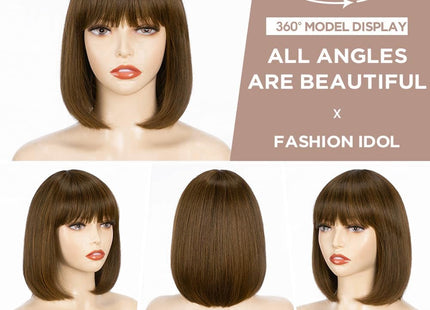 YEESHEDO Women’s Short Synthetic Bob Wig with Flat Bangs – 12" Brown
