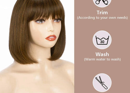 YEESHEDO Women’s Short Synthetic Bob Wig with Flat Bangs – 12" Brown