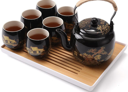 Dujust Japanese Tea Set – Black Porcelain with Golden Countryside Design