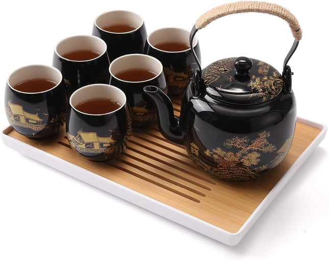 Dujust Japanese Tea Set – Black Porcelain with Golden Countryside Design