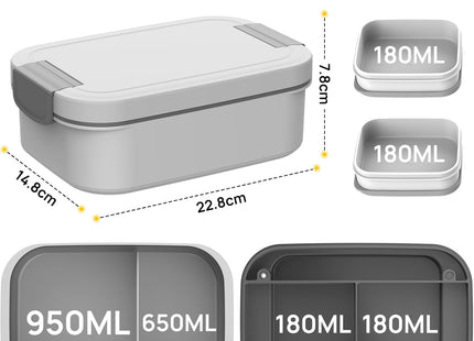 BIBURY Leakproof Bento Lunch Box – 1.9L, 4 Compartments - Grey
