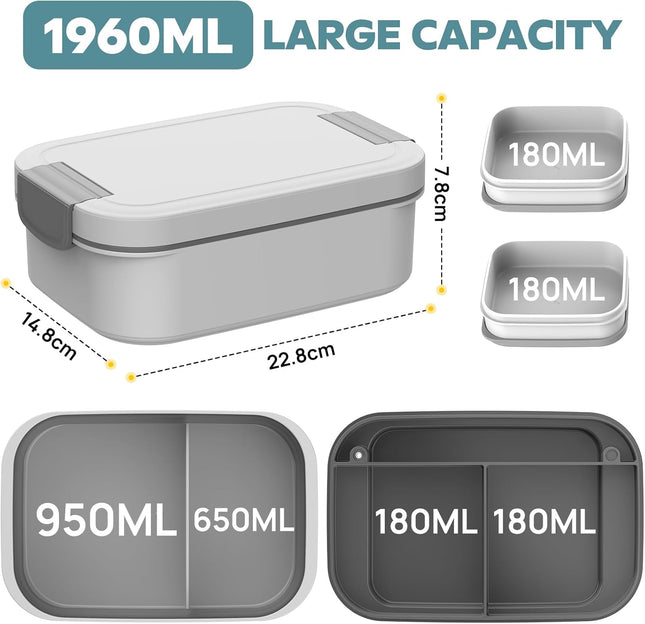 BIBURY Leakproof Bento Lunch Box – 1.9L, 4 Compartments - Grey