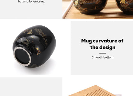 Dujust Japanese Tea Set – Black Porcelain with Golden Countryside Design
