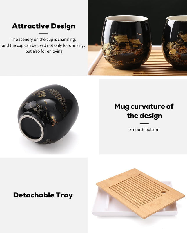 Dujust Japanese Tea Set – Black Porcelain with Golden Countryside Design