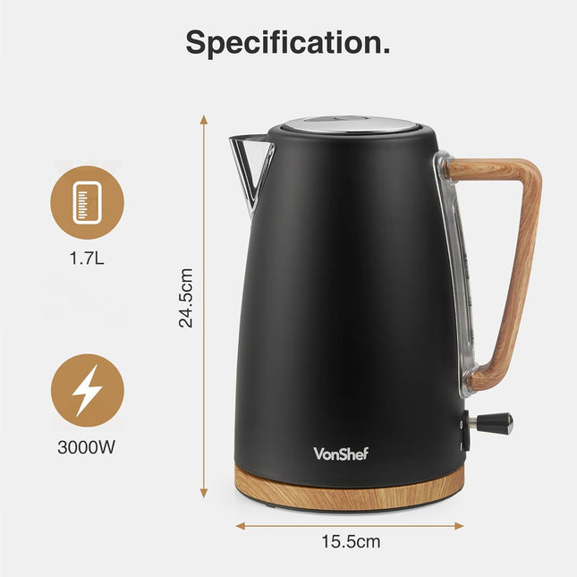 VonShef Fika Electric Kettle – 1.7L Rapid Boil 3000W, Black Nordic Design
