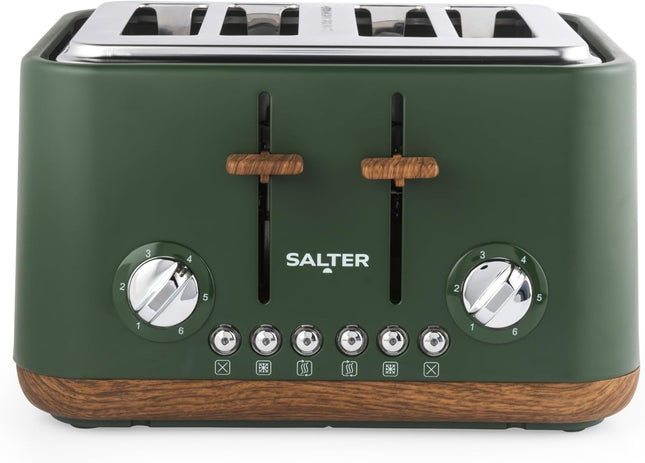 Salter Toronto 4-Slice Toaster – Wide Slots, Wood Effect Finish, Green, 1630W