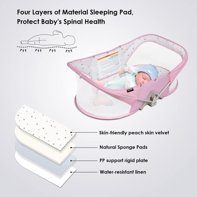 Beberoad Portable Baby Travel Bassinet Pink – Foldable Infant Crib with Mattress & Net