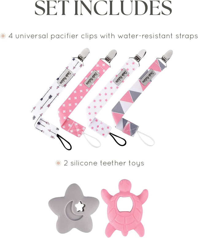 Dodo Babies Pacifier Clip & Teether Toy Set – 4 Pacifier Clips