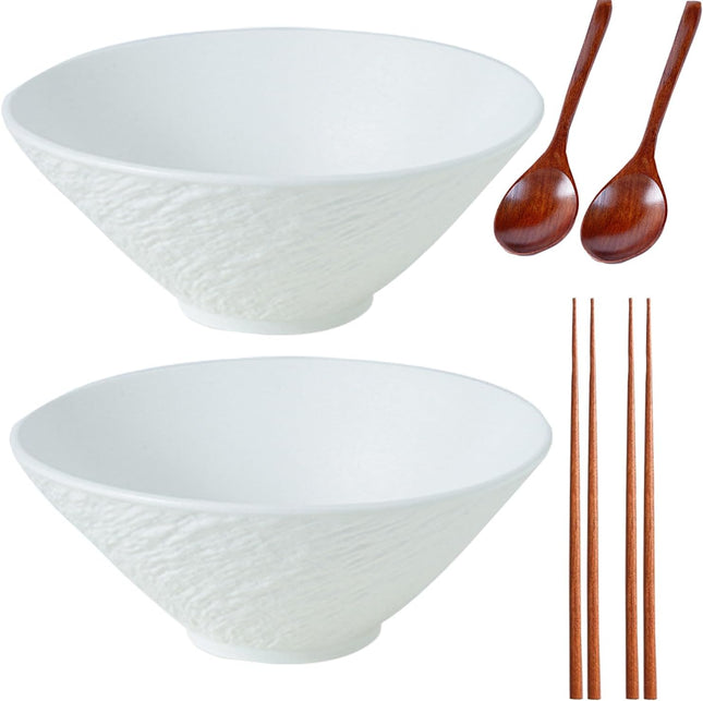 Sightday Ramen Bowl Set of 2 – 1600ml Ceramic Noodle Bowls with Spoons & Chopsticks, White XL