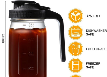 Mason Jar Pitcher Wide Mouth Glass Water Jug with Handle & Lid – 800ml