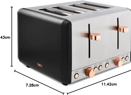 Tower Cavaletto 4-Slice Toaster – 800 W, Black and Rose Gold