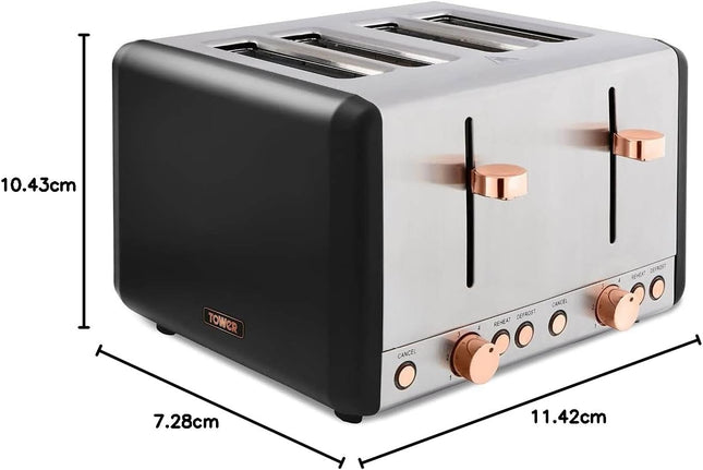 Tower Cavaletto 4-Slice Toaster – 800 W, Black and Rose Gold