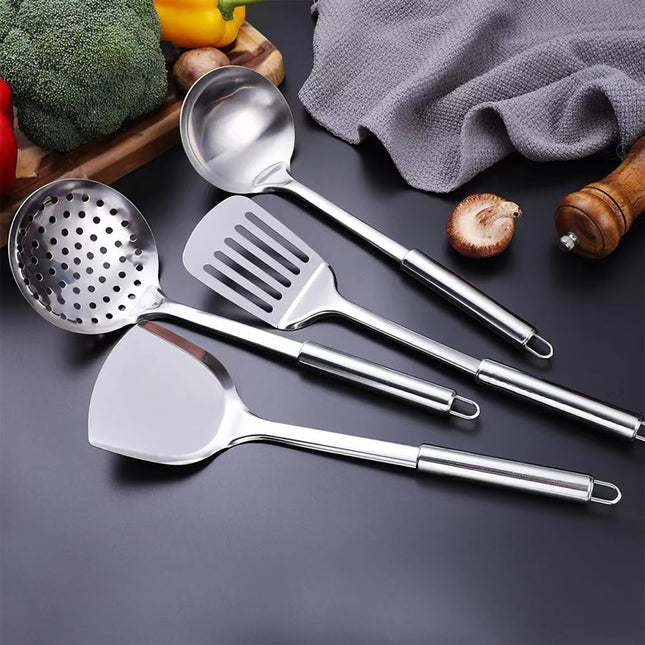 4-Piece Stainless Steel Kitchen Utensil Set – Cooking Spoon, Ladle, Skimmer & Turner