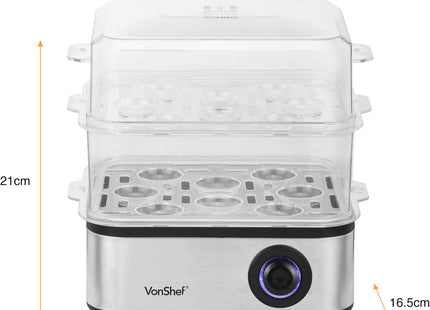 VonShef 3-in-1 Egg Boiler, Poacher & Omelette Maker – 16 Egg Capacity, Stainless Steel 500W Electric Cooker with Auto Shut-Off