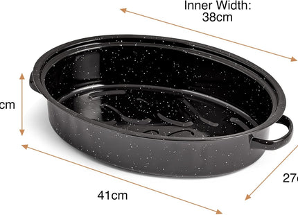 VonShef 38cm Enamel Roaster with Lid – Deep Oval Self-Basting Roasting Tin (4L)