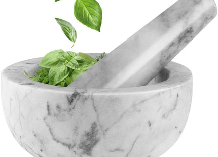 Flexzion Marble Mortar and Pestle Set – Solid White/Gray Stone Grinder Bowl