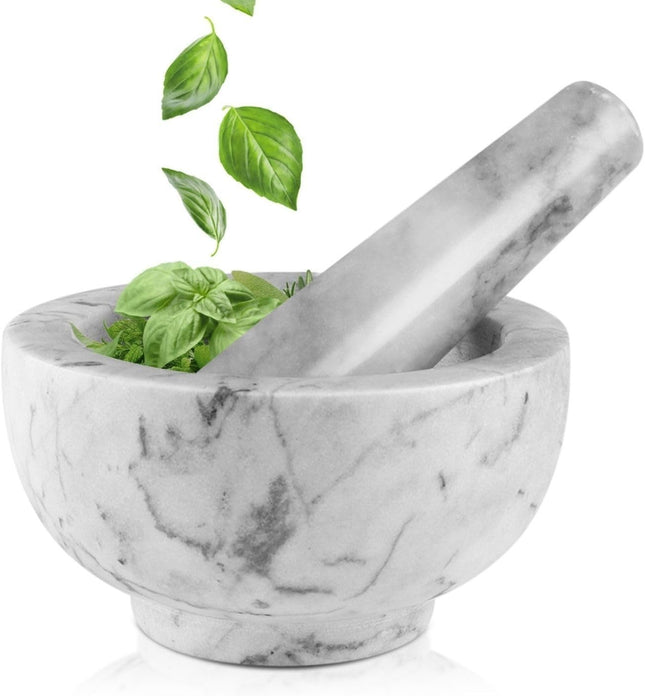 Flexzion Marble Mortar and Pestle Set – Solid White/Gray Stone Grinder Bowl
