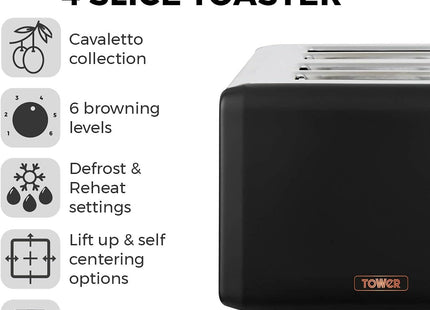 Tower Cavaletto 4-Slice Toaster – 800 W, Black and Rose Gold