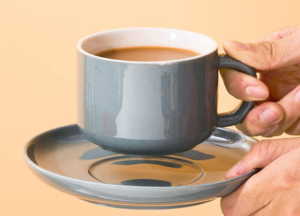 CHILDIKE Porcelain Coffee Cup & Saucer Set with Gold Spoons – Grey