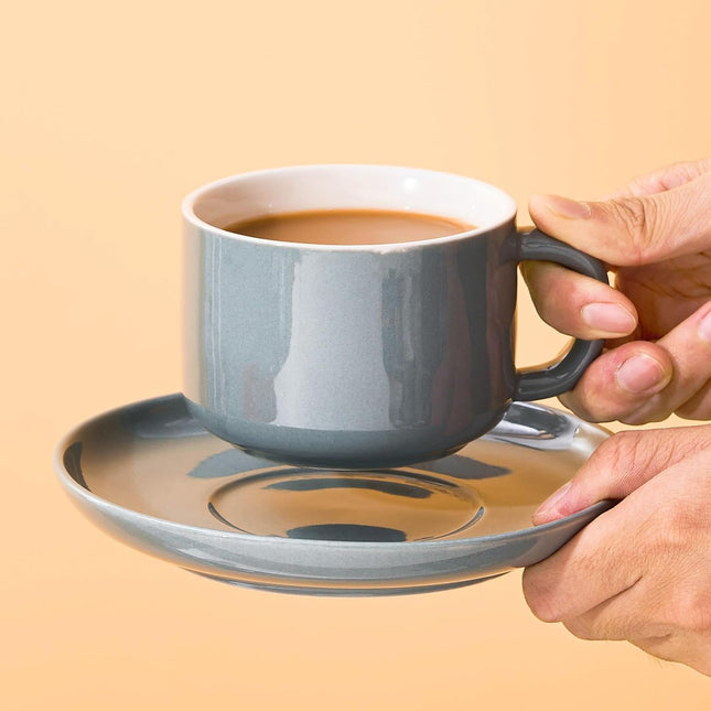 CHILDIKE Porcelain Coffee Cup & Saucer Set with Gold Spoons – Grey