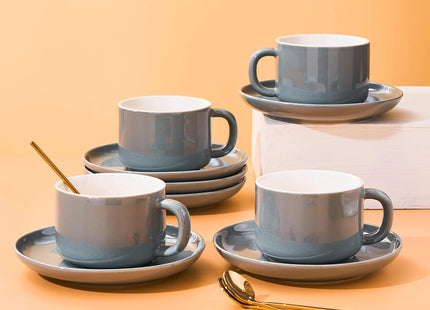 CHILDIKE Porcelain Coffee Cup & Saucer Set with Gold Spoons – Grey
