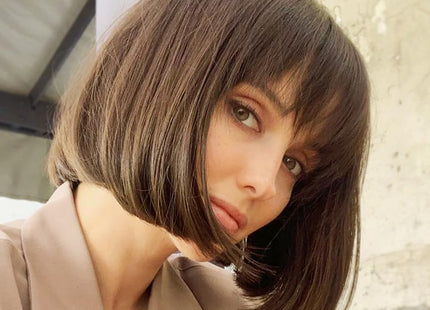YEESHEDO Women’s Short Synthetic Bob Wig with Flat Bangs – 12" Brown