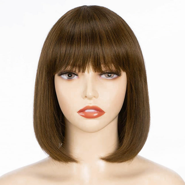 YEESHEDO Women’s Short Synthetic Bob Wig with Flat Bangs – 12" Brown