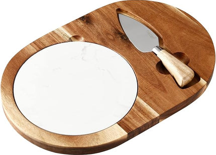 hecef Acacia Wood Cheese Board Set – Marble Tray with Stainless Steel Knife